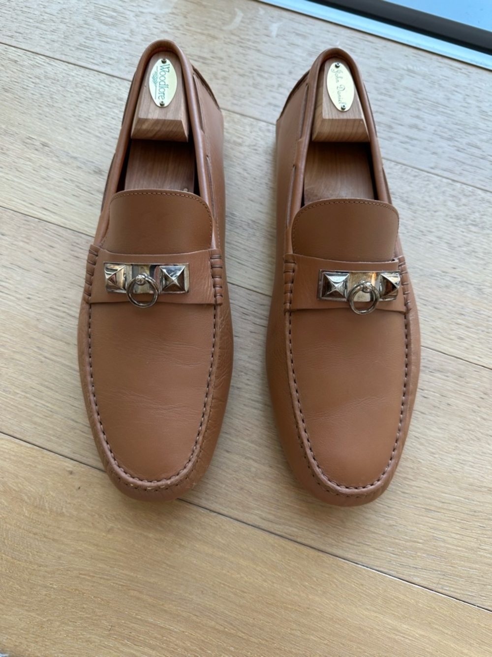 Men's Hermes Tan Leather Loafers with Silver Hardware